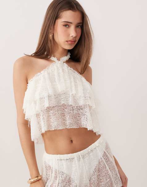 Noughts & Kisses lace ruffle halterneck top in ivory - part of a set - view 1