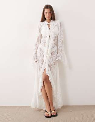 Noughts & Kisses Noughts & Kisses lace ruffle trim bell sleeve maxi kimono in white