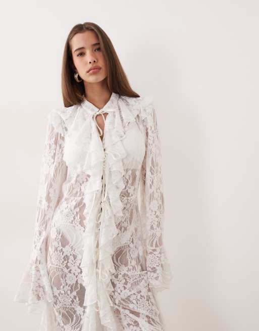 Noughts & Kisses lace ruffle trim bell sleeve maxi kimono in white, 2 of 4