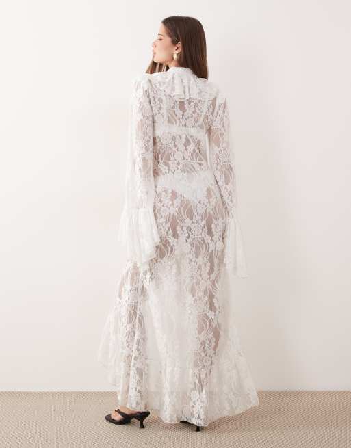 Noughts & Kisses lace ruffle trim bell sleeve maxi kimono in white, 3 of 4