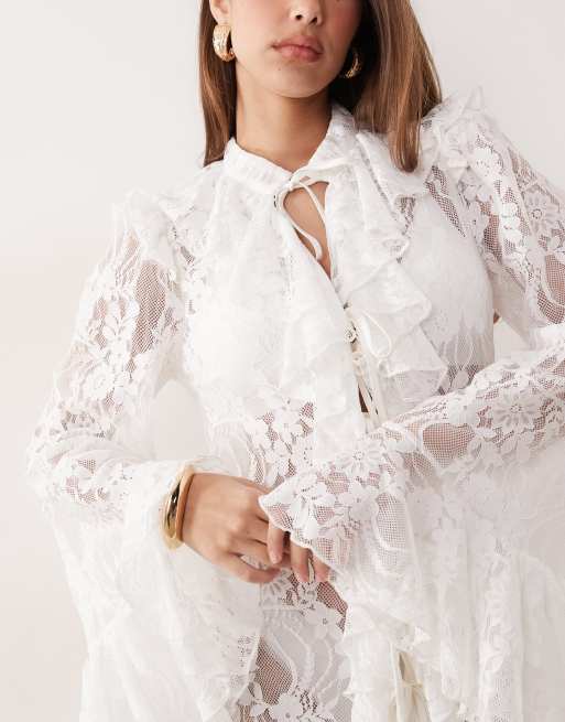 Noughts & Kisses lace ruffle trim bell sleeve maxi kimono in white, 4 of 4