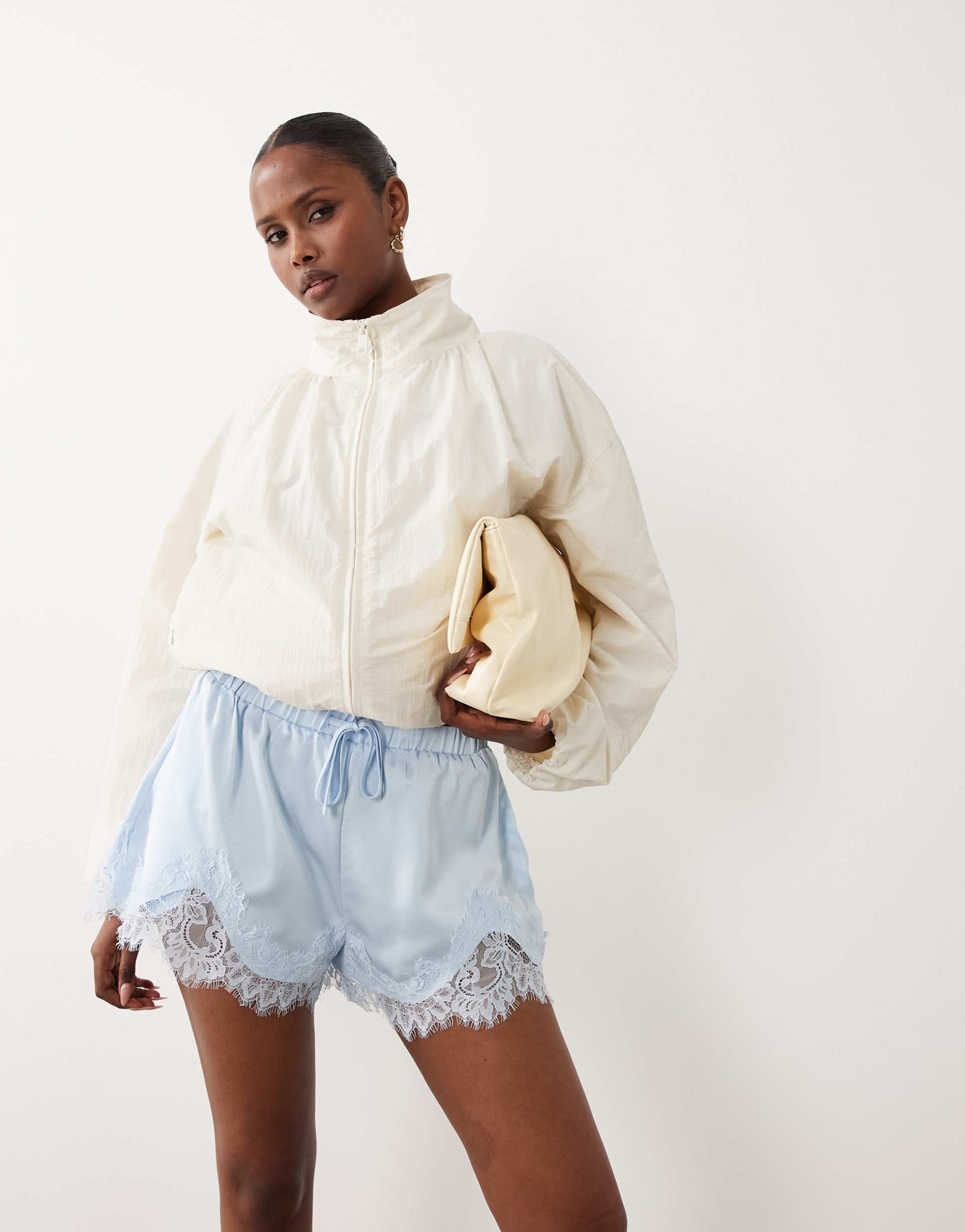 noughts & kisses lace trim tie waist satin shorts in baby blue