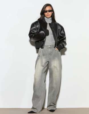 Noughts & Kisses Leather Look Double Zip Drop Shoulder Bomber Jacket In Black