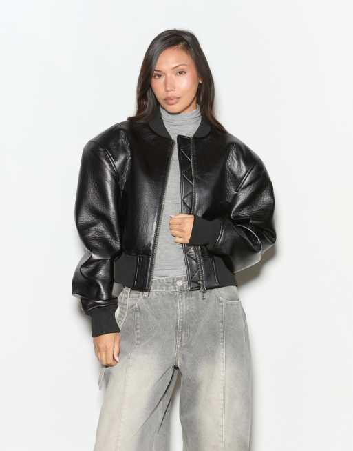 Noughts & Kisses leather look double zip drop shoulder bomber jacket in black, 2 of 4
