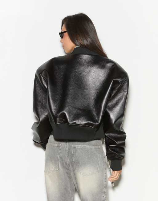 Noughts & Kisses leather look double zip drop shoulder bomber jacket in black, 3 of 4