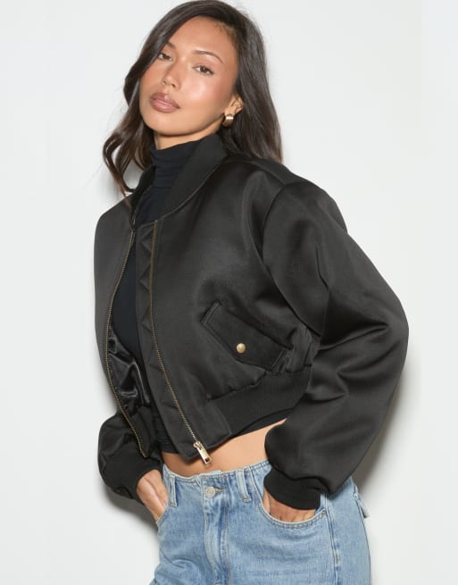 Noughts & Kisses Liora satin bomber jacket in black, 3 of 5