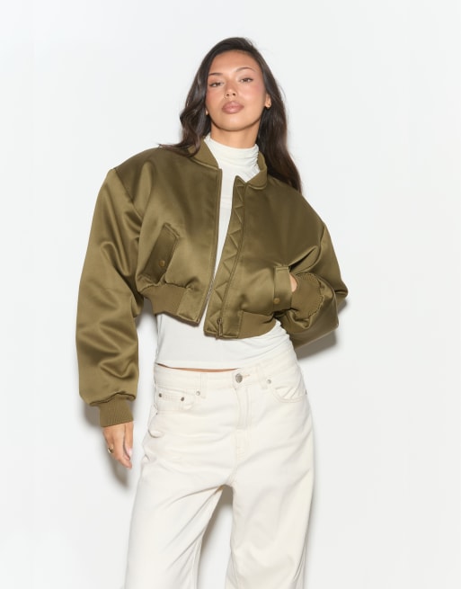 Noughts & Kisses Liora satin bomber jacket in green, 2 of 4