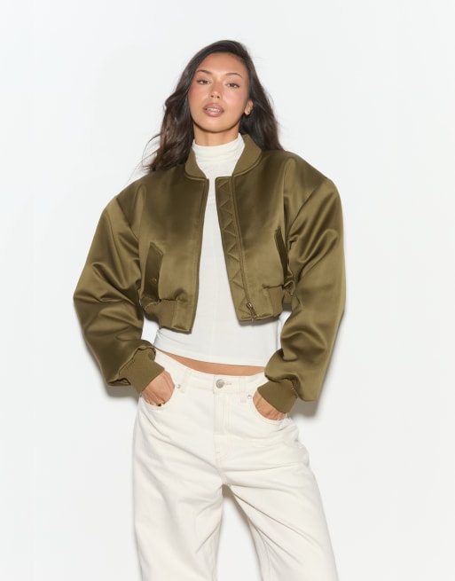Noughts & Kisses Liora satin bomber jacket in green, 3 of 4