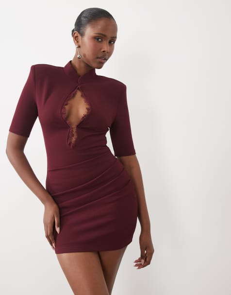 Noughts & Kisses mandarin collar lace keyhole detail shoulder pad mini dress in burgundy - view 1