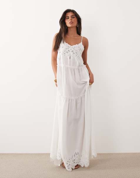 Noughts & Kisses - Maxi jurk van katoenmix met stroken en broderie in wit - view 1