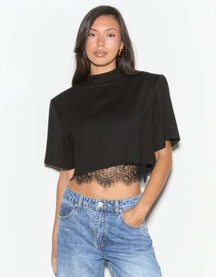 Noughts & Kisses Mimi Shoulder Pad Structured Lace Trim Top In Black
