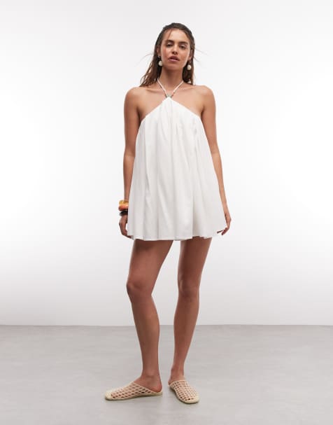 Noughts & Kisses – Minikleid aus Leinenmix in Creme mit perlenbesetzten Trägern, Neckholder und Rückenschnürung - view 1
