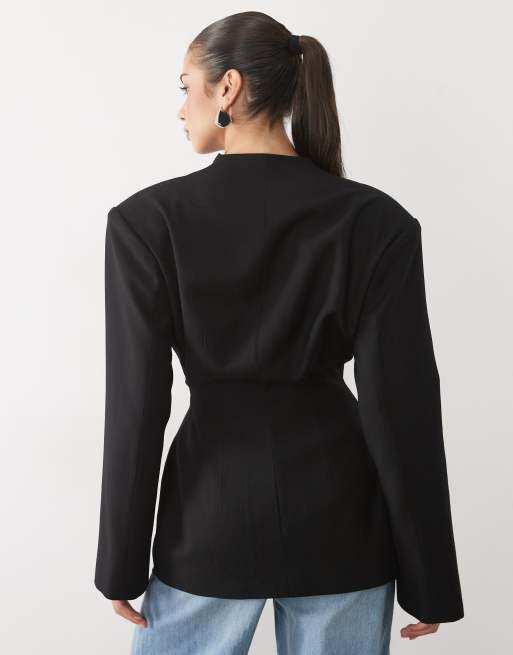 Noughts & Kisses Naia wrap over structured blazer in black, 2 of 4