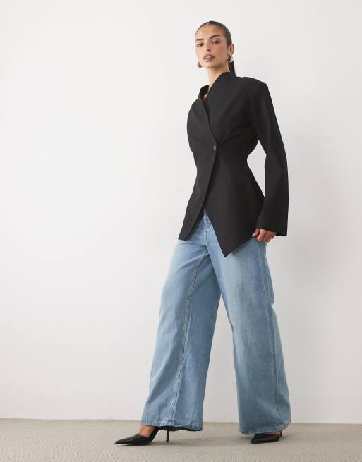 Noughts & Kisses Naia wrap over structured blazer in black, 3 of 4