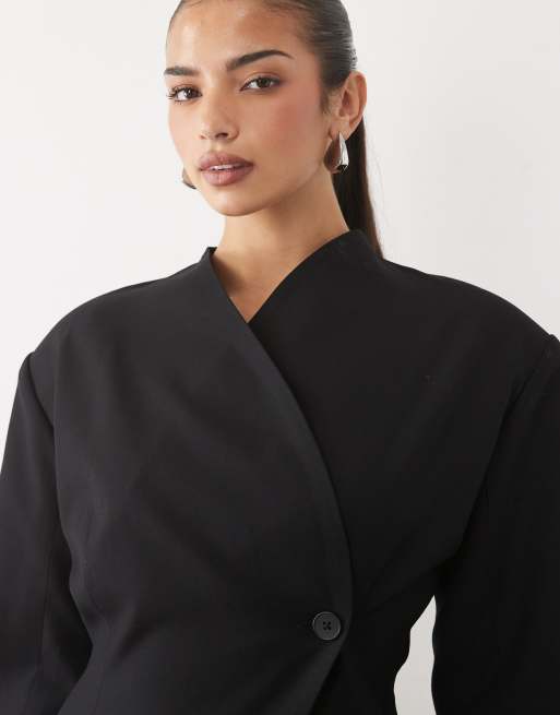 Noughts & Kisses Naia wrap over structured blazer in black, 4 of 4