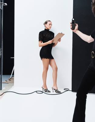 Noughts & Kisses Orla Lace High Neck Shoulder Pad Blouson Mini Dress In Black