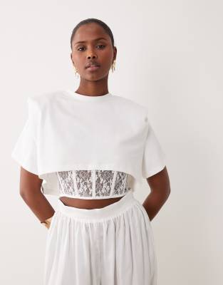 Noughts & Kisses padded shoulders lace corset waist detailing top