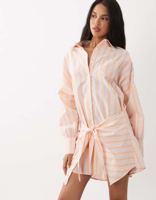 Noughts & Kisses pinstripe wrap waist shirt mini dress in orange, 2 of 4
