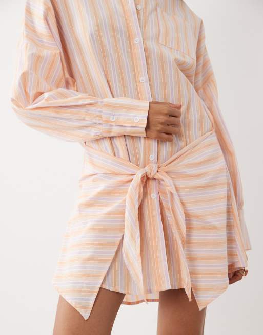 Noughts & Kisses pinstripe wrap waist shirt mini dress in orange, 3 of 4
