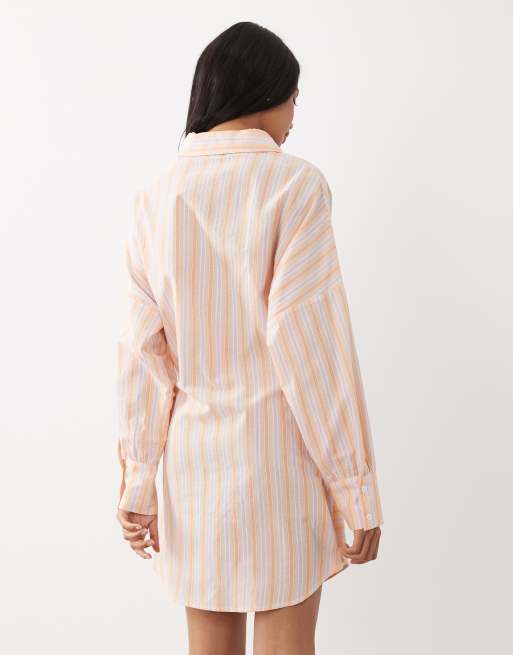 Noughts & Kisses pinstripe wrap waist shirt mini dress in orange, 4 of 4