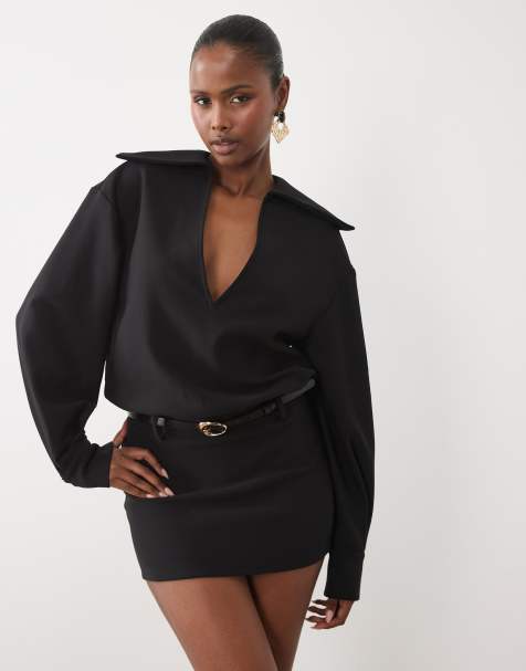 Noughts & Kisses plunge neck collared balloon sleeve gold belted mini dress in black - view 1