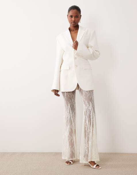 Noughts & Kisses premium tailored cinched longline blazer and lace flared leg trouser co-ord in cream - view 1