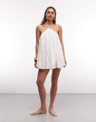 Robe courte dos nu en lin mélangé avec laçage dans le dos et bretelles ornées de perles - Crème-Neutral XXS