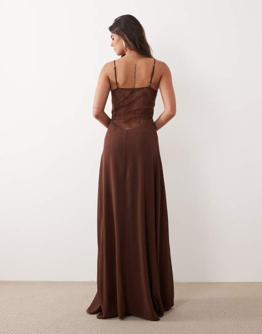 Noughts & Kisses - Robe longue avec empiècement en dentelle - Chocolat, 4 de 5