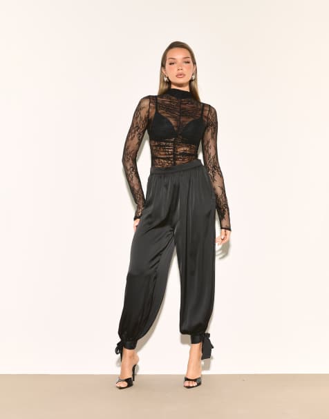 Noughts & Kisses satin balloon leg tie detail pants in black - view 1
