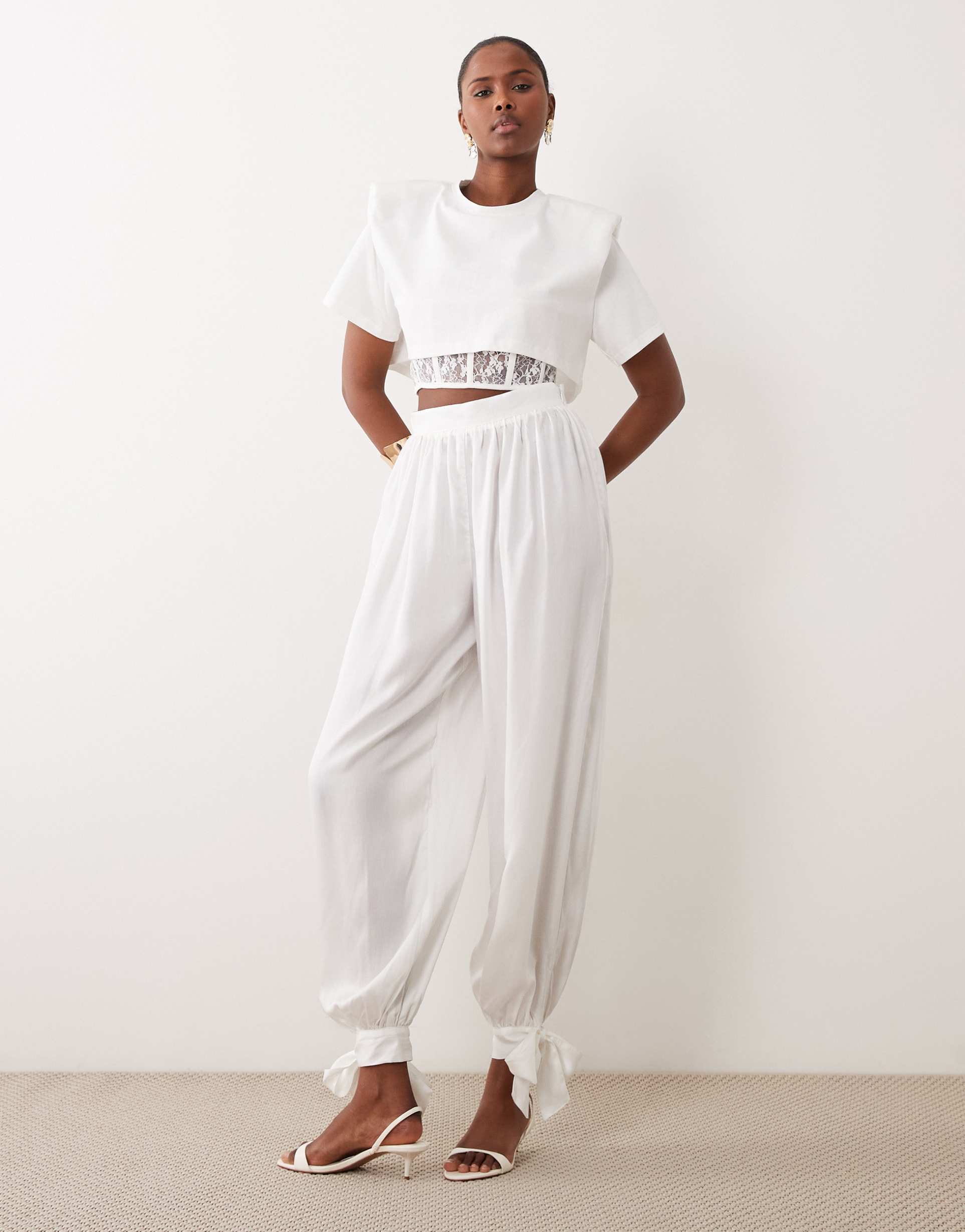 noughts & kisses satin balloon leg tie detail pants in white - part of a set