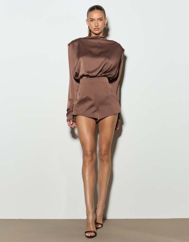 Noughts & Kisses satin funnel neck drape detail romper in