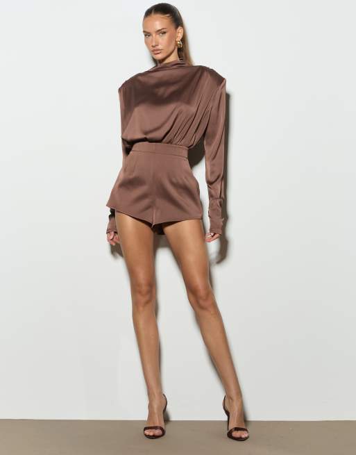Noughts & Kisses satin funnel neck drape detail romper in chocolate, 3 of 4