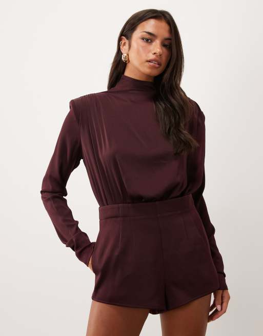 Noughts & Kisses satin funnel neck drape detail romper in plum, 3 of 4