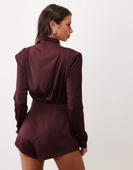 Noughts & Kisses satin funnel neck drape detail romper in plum, 4 of 4