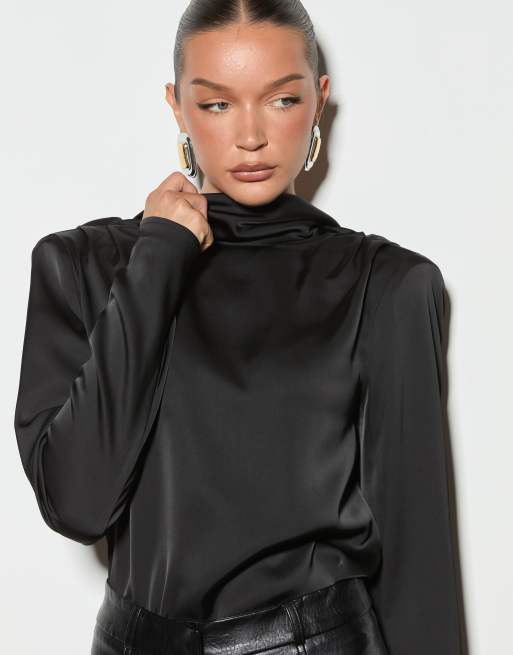 Noughts & Kisses satin high neck drape back detail top in black, 4 of 4