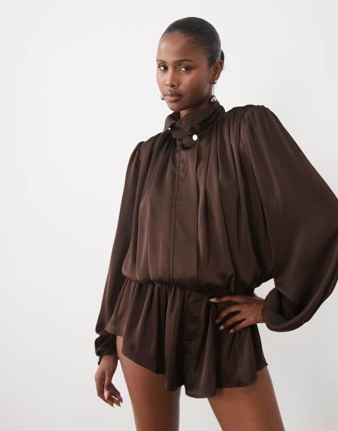 Noughts & Kisses satin high neck extreme drape balloon sleeve playsuit in chocolate - view 1