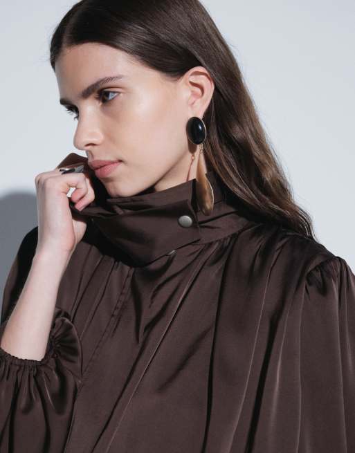 Noughts & Kisses satin high neck extreme drape balloon sleeve romper in chocolate, 2 of 8
