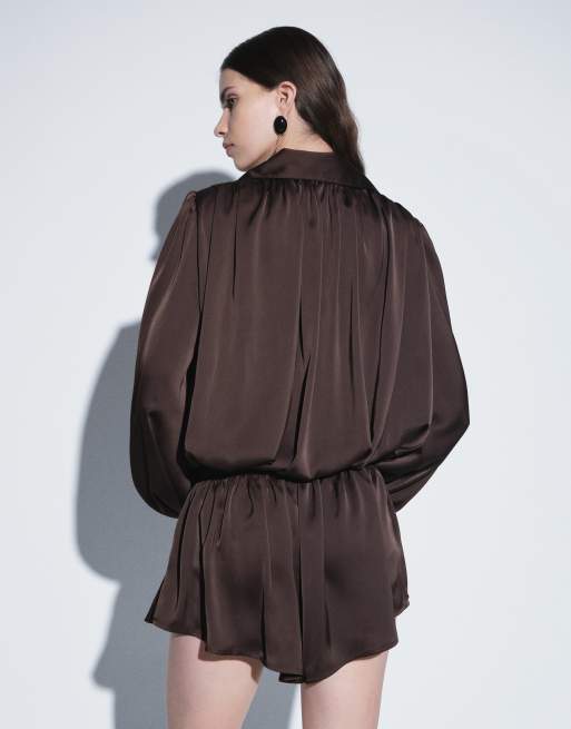 Noughts & Kisses satin high neck extreme drape balloon sleeve romper in chocolate, 4 of 8