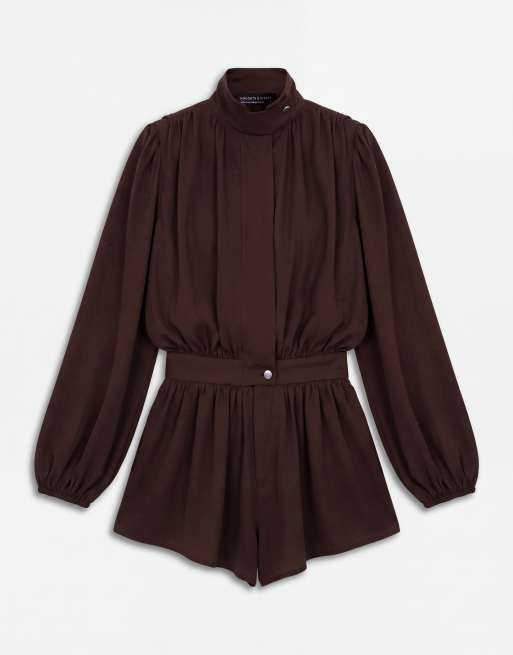 Noughts & Kisses satin high neck extreme drape balloon sleeve romper in chocolate, 5 of 8