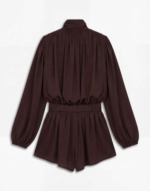 Noughts & Kisses satin high neck extreme drape balloon sleeve romper in chocolate, 6 of 8