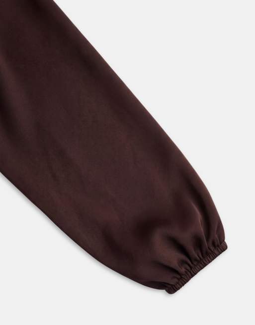 Noughts & Kisses satin high neck extreme drape balloon sleeve romper in chocolate, 7 of 8