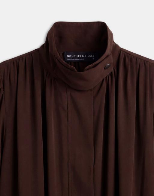 Noughts & Kisses satin high neck extreme drape balloon sleeve romper in chocolate, 8 of 8