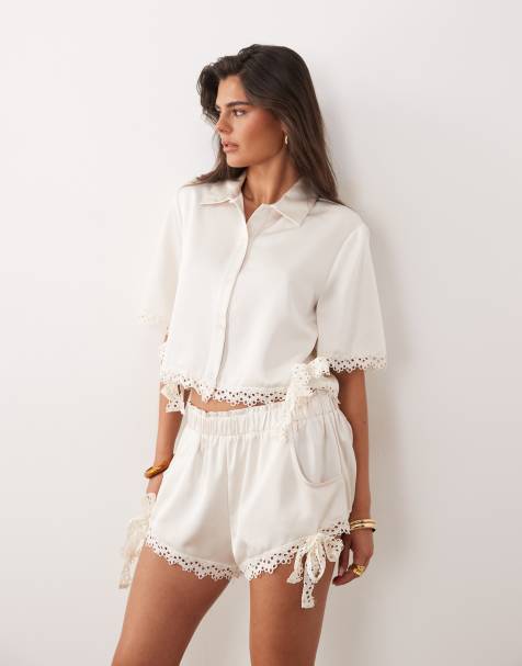 Noughts & Kisses satin lace trim cropped shirt co-ord in cream - view 1