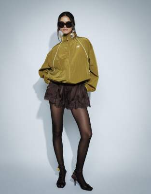 Noughts & Kisses Satin Lace Trim Tie Waist Shorts In Brown