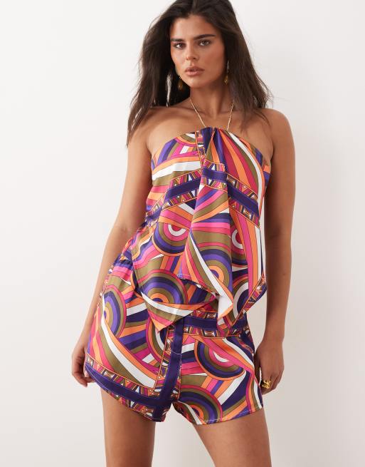 Noughts & Kisses satin mini short co-ord in multi print, 2 of 5