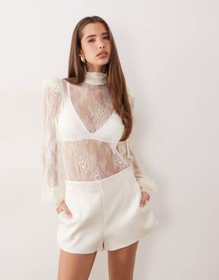 Noughts & Kisses Noughts & Kisses satin shorts co-ord in cream-Neutral