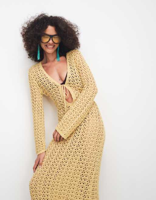 club l bridesmaid long sleeve crochet detail maxi dress white long sleeve crochet dress White Crochet Dress  FF Swim Club