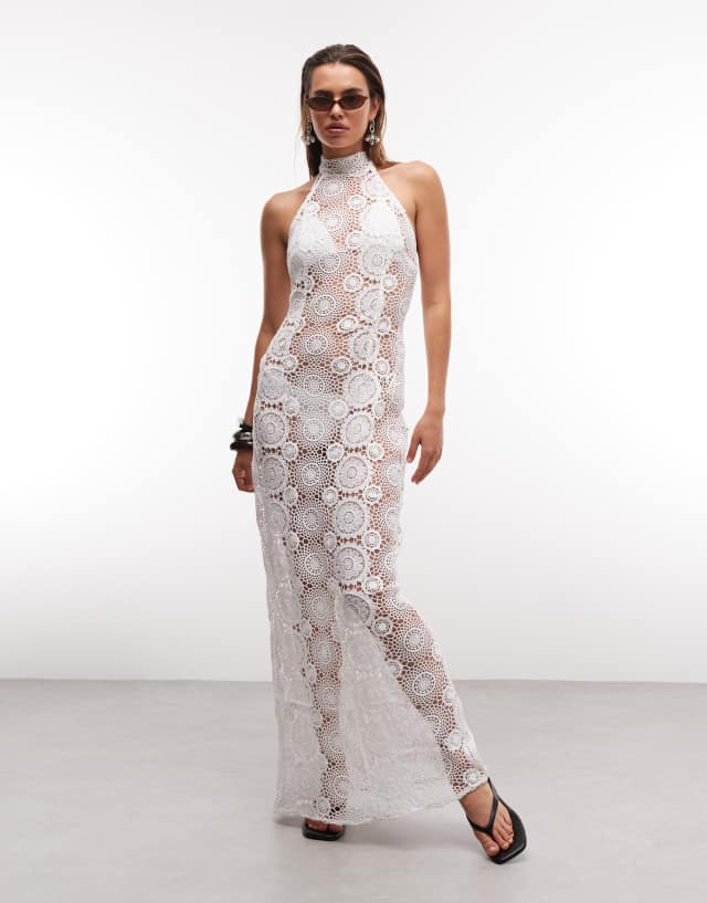 white high neck lace crochet bodycon dress Noughts & Kisses sheer halterneck sleeveless maxi in Size:32.5