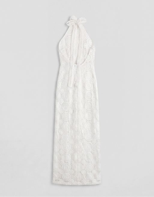 asos edition lace halter neck maxi wedding dress ASOS DESIGN floral embellished halter maxi wedding dress with fringe hem in  ivory