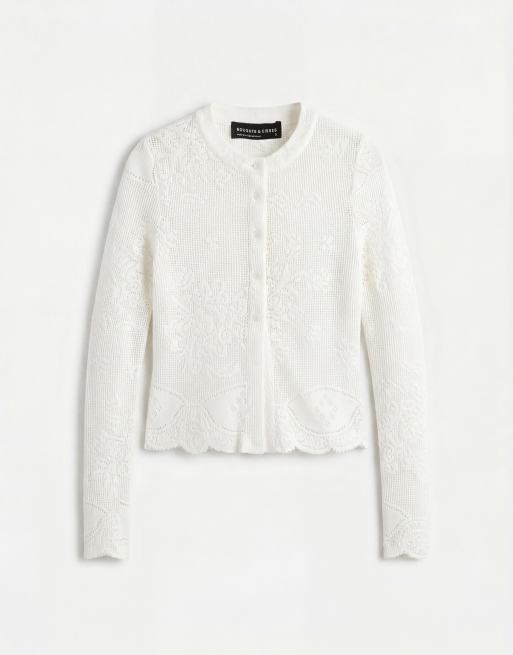Noughts & Kisses sheer lace long sleeve button up knit top in